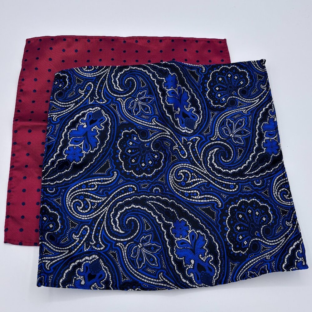 Lot of 2 Pocket Squares Handkerchiefs 100% Silk Blue Red Paisley Polka Dot